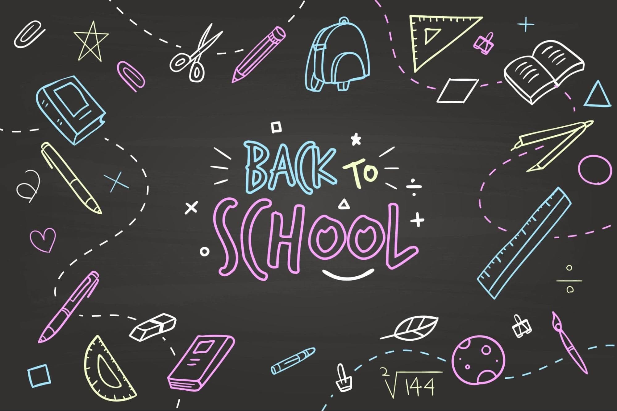 Chalkboard illustration reading “Back to School”, surrounded by hand-drawn school supplies.